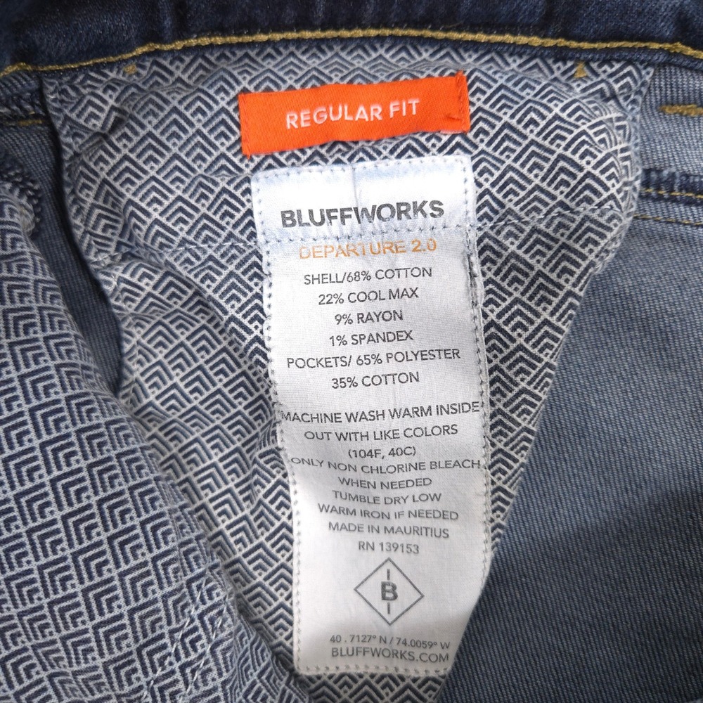Bluffworks Departure Jeans Mens 36X28 Blue COOLMAX Performance Medium Wash Denim - Picture 12 of 13